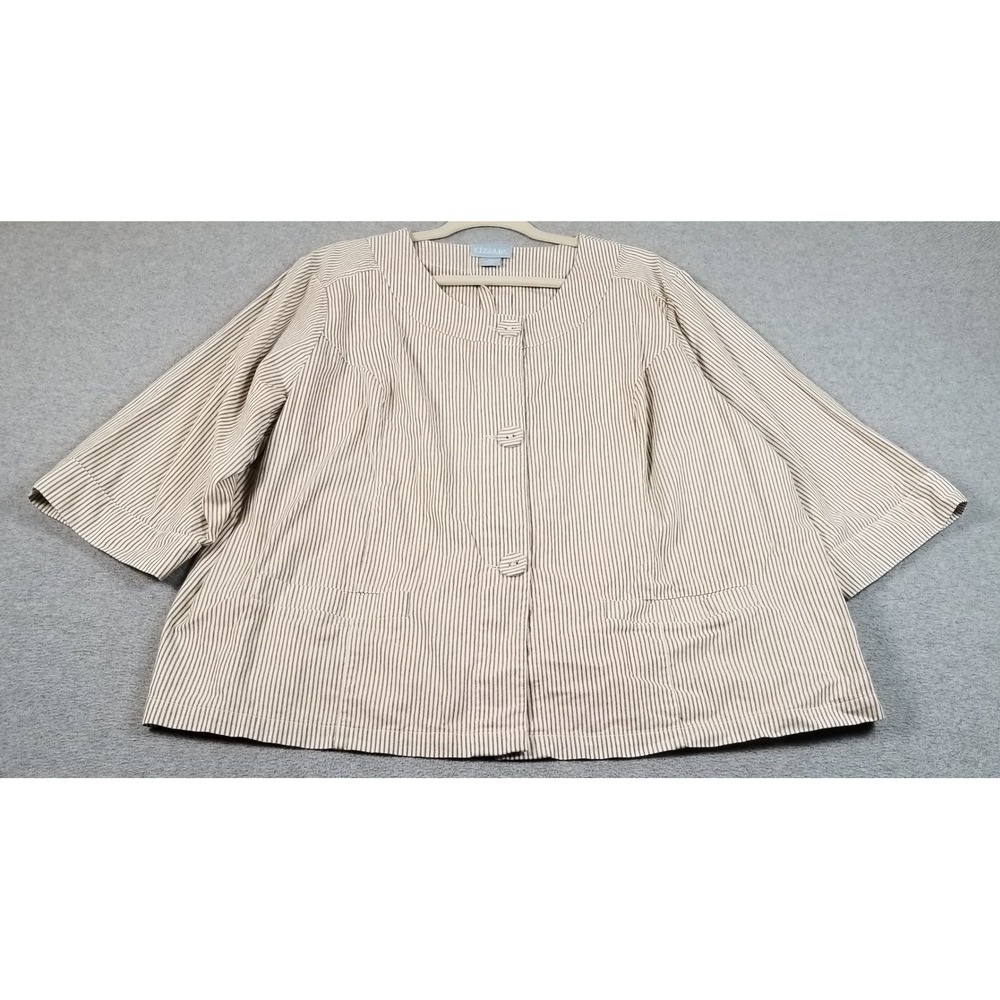 Liz & Me Jacket Women 2X Plus Brown White Striped Button Front 3/4 Sleeve Spring